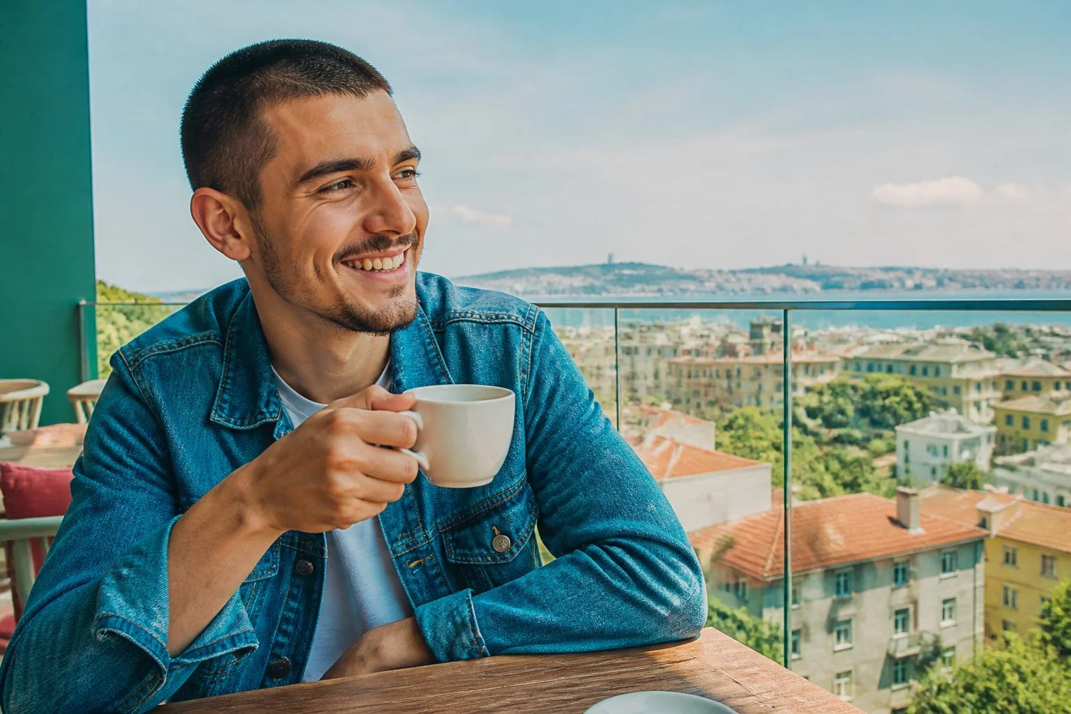 Denim ceketli genç bir adam şehir manzaralı bir balkonda kahvesini içiyor