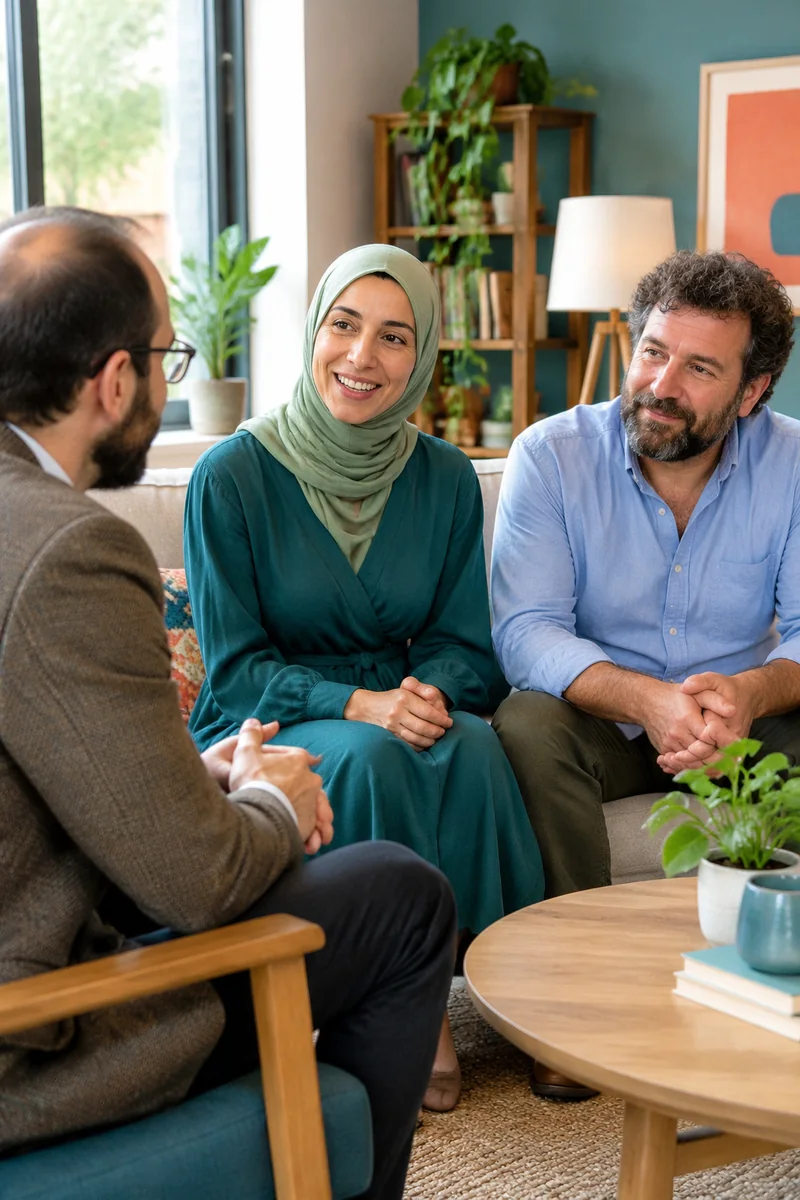 Gür sakallı, kedi gözü gözlüklü ve tüvit ceketli bir psikolog, modern bir terapi odasında adaçayı yeşili başörtülü bir kadın ve açık mavi gömlekli eşiyle rahat bir sohbet ediyor
